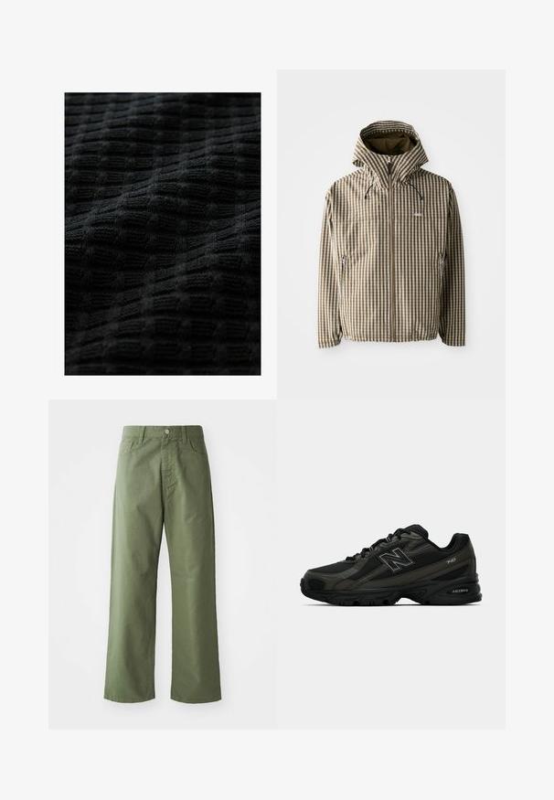 Giacca con cappuccio a quadri marroni e crema, con chiusura a zip integrale, tasche laterali e polsini elasticizzati, realizzata in materiale leggero e impermeabile.; Tessuto in maglia nera con un motivo testurizzato a griglia, con quadrati in rilievo che conferiscono profondità e un aspetto morbido e tattile.; Pantaloni larghi verde oliva realizzati in cotone. Presentano passanti per cintura, chiusura con bottone frontale e tasche laterali. Texture liscia.; Scarpe sportive nere con una tomaia in sintetico testurizzato, dotate di una suola imbottita e un prominente logo "N" sul lato. Il design include sezioni in rete leggera.