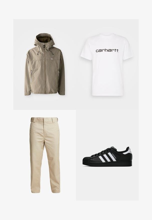 Braune und cremefarbene kariert Kapuzenjacke mit durchgehendem Reißverschluss, seitlichen Taschen und elastischen Bündchen, gefertigt aus leichtem, wasserdichtem Material.; Weißes Baumwoll-T-Shirt mit kurzen Ärmeln und Rundhalsausschnitt. Mit großem "Carhartt"-Logo in Dunkelbraun über der Brust.; Beige Baumwollhose mit schmaler Passform, geraden Beinen und Gürtelschlaufen; glatte Textur und minimalistisches Design ohne sichtbare Akzente.; Schwarzer Adidas Superstar Sneaker mit weißen Streifen, Schalenzehen und "Superstar"-Schriftzug an der Seite, im Seitenprofil auf weißem Hintergrund dargestellt.