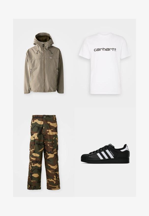 Braune und cremefarbene kariert Kapuzenjacke mit durchgehendem Reißverschluss, seitlichen Taschen und elastischen Bündchen, gefertigt aus leichtem, wasserdichtem Material.; Weißes Baumwoll-T-Shirt mit kurzen Ärmeln und Rundhalsausschnitt. Mit großem "Carhartt"-Logo in Dunkelbraun über der Brust.; Tarncargo-Hosen in Grün, Braun und Beige. Mit zwei großen Seitentaschen und einem Knopfverschluss. Aus strukturiertem Stoff gefertigt.; Schwarzer Adidas Superstar Sneaker mit weißen Streifen, Schalenzehen und "Superstar"-Schriftzug an der Seite, im Seitenprofil auf weißem Hintergrund dargestellt.