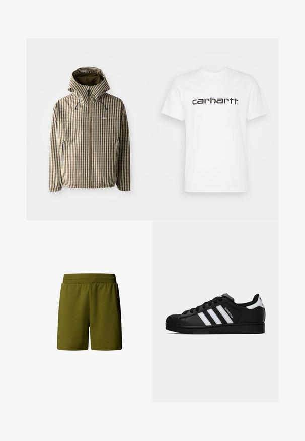 Brązowa i kremowa, w kratkę, kurtka z kapturem, z pełnym zipperem, bocznymi kieszeniami i elastycznymi mankietami, wykonana z lekkiego, wodoodpornego materiału.; Biała bawełniana koszulka z krótkim rękawem i okrągłym dekoltem. Posiada duże logo "Carhartt" w ciemnobrązowym kolorze na klatce piersiowej.; Oliwkowe, miękkie szorty bawełniane z elastycznym paskiem w talii, o luźnym kroju, bez widocznych kieszeni i ozdób.; Czarne sneakersy Adidas Superstar z białymi paskami, noskiem w kształcie muszli i napisem "Superstar" na boku, zaprezentowane w profilu bocznym na białym tle.