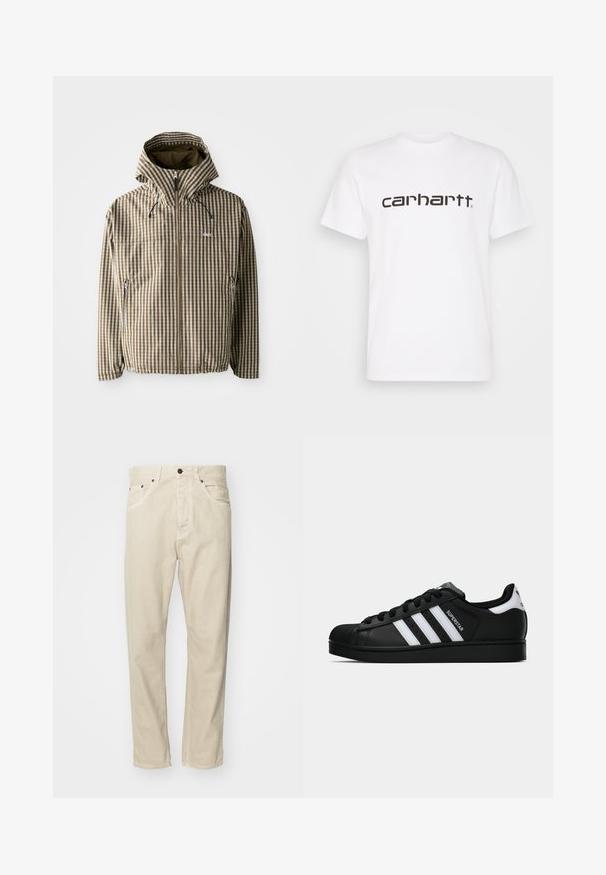 Rjava in krem karirasta jopica s kapuco, z celotnim zadrgo, stranskimi žepi in elastičnimi manšetami, izdelana iz lahkega, vodoodpornega materiala.; Bela bombažna majica s kratkimi rokavi in krožnim izrezom. Ponaša se z velikim temno rjavim logotipom "carhartt" čez prsa.; Bež hlače iz bombaža s ravnim krojem, pet žepov in kovinskimi dodatki. Gladka tekstura z minimalnimi detajli šivanja.; Črne superge Adidas Superstar z belimi črtami, zaščitnim pokrovom na prstih in napisom "Superstar" na strani, prikazane v bočnem profilu na beli podlagi.