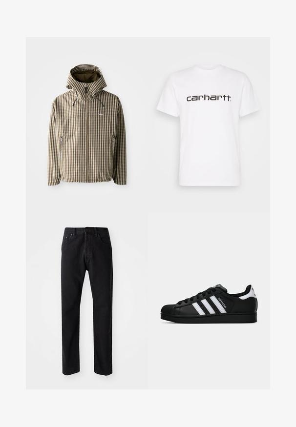 Brown and cream checkered hooded jacket with a full zip closure, side pockets, and elasticated cuffs, featuring a lightweight, waterproof material.; White cotton t-shirt with short sleeves and crew neckline. Features large "carhartt" logo in dark brown across the chest.; Black denim jeans with a straight cut, five pockets, and a button closure. Features visible stitching and a soft, textured fabric.; Black Adidas Superstar sneaker with white stripes, shell toe, and "Superstar" text on side, shown in side profile on white background.
