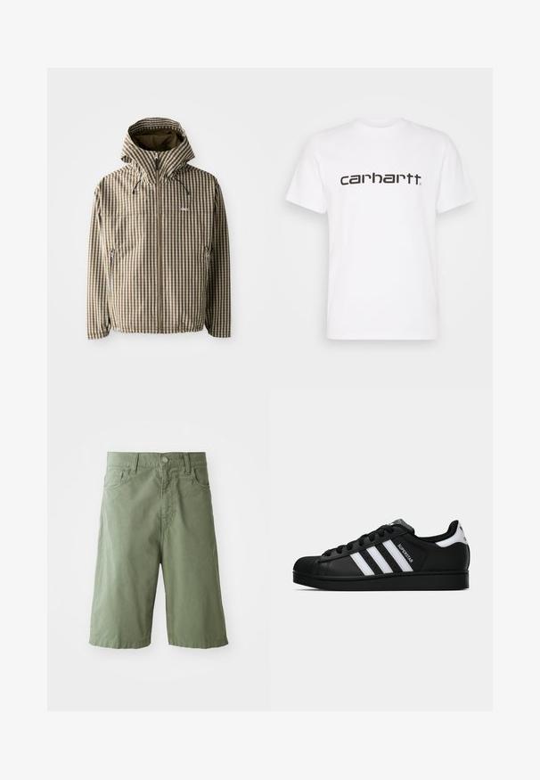 Hnedo-krémová károvaná bunda s kapucňou, plným zipsom, bočnými vreckami a elastickými manžetami, vyrobená z ľahkého, vodoodolného materiálu.; Biela bavlnená tričko s krátkymi rukávmi a okrúhlym výstrihom. Má veľké logo "carhartt" v tmavo hnedej farbe cez hruď.; Zelené bavlnené šortky s voľným strihom, s dvoma prednými vreckami, zapínaním na gombík a dĺžkou po pol lýtok. Hladká textúra.; Čierne tenisky Adidas Superstar s bielymi pruhmi, špičkou v tvare mušle a textom "Superstar" na boku, zobrazené v bočnom profilu na bielom pozadí.