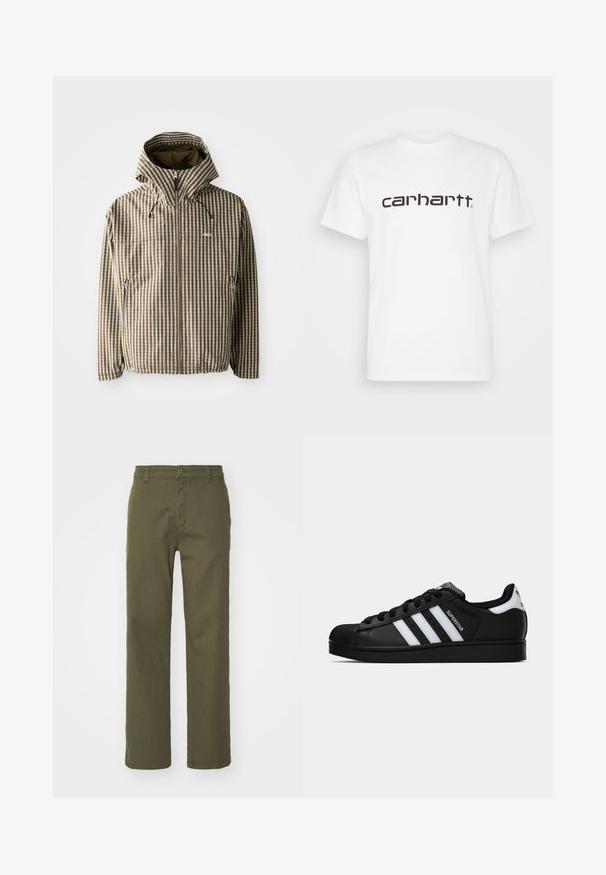 Rudas ir kremas langeliais marginta striukė su gobtuvu, užsegama užtrauktuku, su šoninėmis kišenėmis ir elastinėmis rankovėmis, pagaminta iš lengvos, vandeniui atsparios medžiagos.; Balta medvilnė marškinėliai su trumpomis rankovėmis ir apvaliu kaklo iškirpimu. Pasižymi dideliu tamsiai rudu "Carhartt" logotipo spaudu per krūtinę.; Alyvų žalios spalvos kelnes su tiesiu kojų dizainu, mygtuko ir užtrauktuko uždarymu bei šoninėmis kišenėmis. Audinys atrodo lygus su šiek tiek tekstūros.; Juodos „Adidas Superstar“ sportbačiai su baltais dryžiais, šonine kriaukle ir „Superstar“ tekstu šone, rodomi šoniniame profilyje ant balto fono.