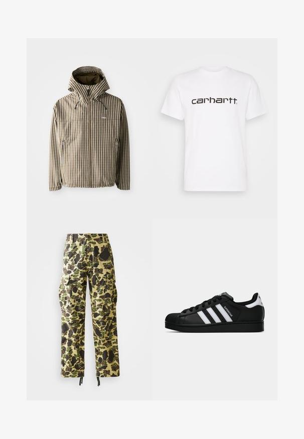 Brun og creme ternet hættejakke med fuld lynlås, sidelommer og elastiske manchetter, fremstillet af letvægts, vandtæt materiale.; Hvid bomulds t-shirt med korte ærmer og rund halsudskæring. Har et stort "carhartt" logo i mørkebrun på tværs af brystet.; Herre cargo bukser med lige ben i grøn, brun og beige camouflage mønster, knaplukning, sidelommer og snore i kanten.; Sort Adidas Superstar sneaker med hvide striber, skaletå og "Superstar"-tekst på siden, vist i sideprofil på hvid baggrund.
