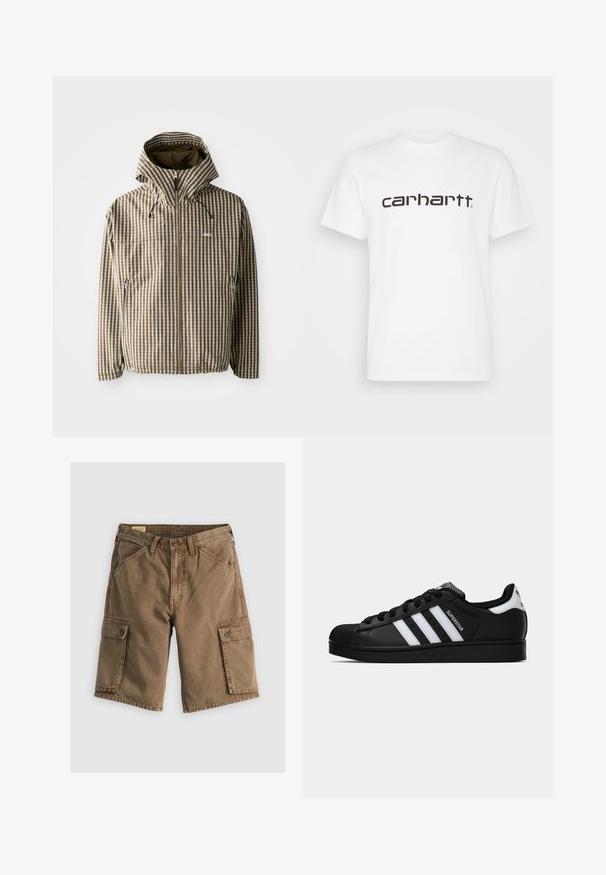 Chaqueta a rayas marrón y crema con capucha, cierre de cremallera completa, bolsillos laterales y puños elásticos, fabricada con un material ligero e impermeable.; Camiseta de algodón blanca con mangas cortas y escote redondo. Presenta un gran logo de "carhartt" en marrón oscuro en el pecho.; Pantalones cortos de carga marrones de algodón, con dos bolsillos laterales con solapa, una cinturilla con botón y un corte holgado. Textura suave.; Zapatilla negra Adidas Superstar con rayas blancas, punta de concha y texto "Superstar" en el lateral, mostrada en perfil lateral sobre un fondo blanco.