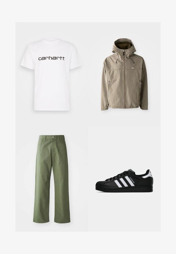 Veste à capuche à carreaux marron et crème avec fermeture éclair intégrale, poches latérales et poignets élastiques, fabriquée en matériau léger et imperméable.; T-shirt en coton blanc à manches courtes et col rond. Présente un grand logo "carhartt" en marron foncé sur la poitrine.; Pantalons larges vert olive en coton. Dispose de passants de ceinture, d'une fermeture à bouton sur le devant et de poches latérales. Texture lisse.; Baskets Adidas Superstar noires avec rayures blanches, bout en coque, et texte "Superstar" sur le côté, montrées en profil sur fond blanc.