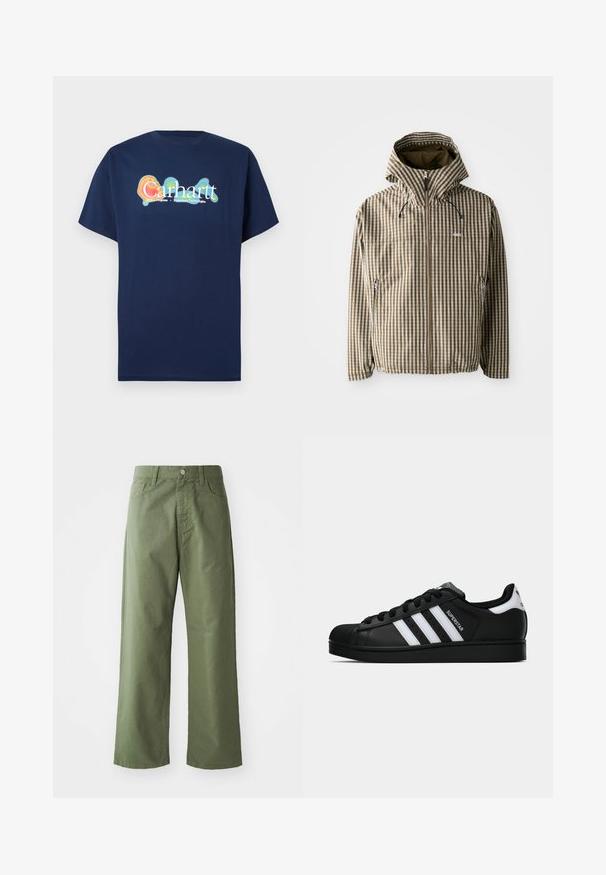 Brown and cream checkered hooded jacket with a full zip closure, side pockets, and elasticated cuffs, featuring a lightweight, waterproof material.; Navy blue short-sleeve T-shirt made of cotton. Features a multicolored graphic logo “Carhartt” with a glow effect in the center.; Olive green wide-leg pants made of cotton. Features belt loops, a front button closure, and side pockets. Smooth texture.; Black Adidas Superstar sneaker with white stripes, shell toe, and "Superstar" text on side, shown in side profile on white background.