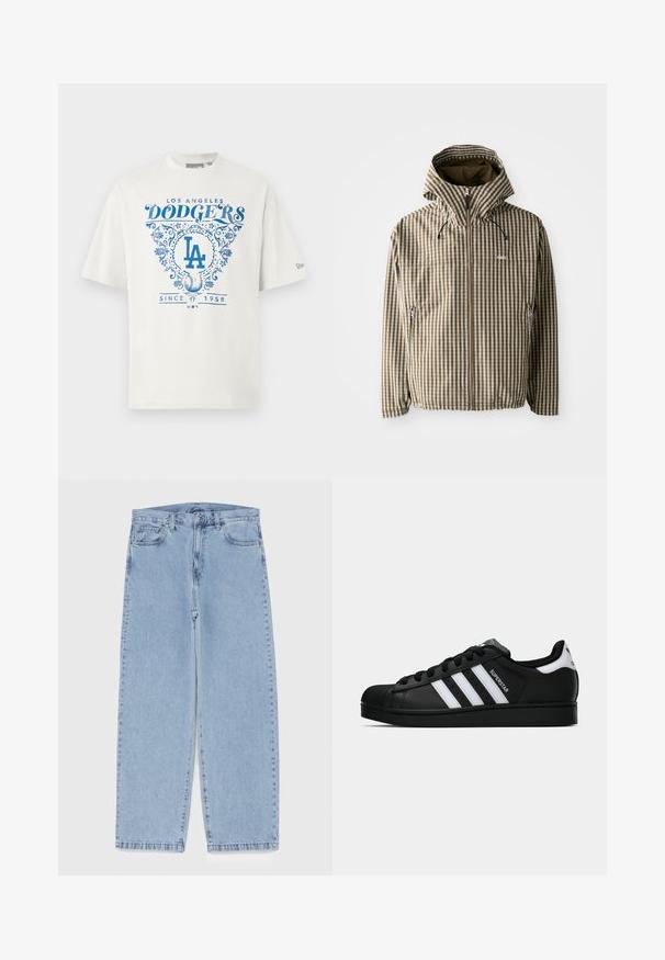 Hnědo-krémový kostkovaný kabát s kapucí, plným zipem, bočními kapsami a elastickými manžetami, vyrobený z lehkého, voděodolného materiálu.; Bílý bavlněný tričko s modrým grafickým textem "LOS ANGELES DODGERS" a "SINCE 1958" s květinovými akcenty a logem "LA" uprostřed.; Světle modré džíny s rovnými nohavicemi, středním pasem, pěti kapsami a zapínáním na knoflík a zip.; Černé tenisky Adidas Superstar se bílými pruhy, špičkou ve tvaru skořápky a textem "Superstar" na boku, zobrazené v bočním profilu na bílém pozadí.
