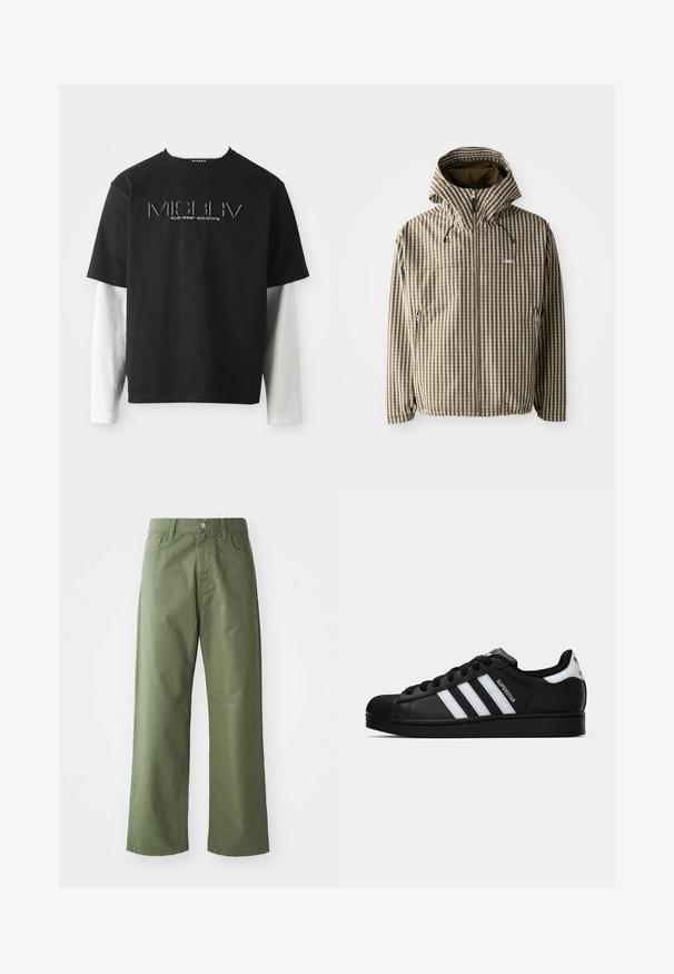 Barna és krémszínű kockás kapucnis dzseki teljes cipzárral, oldalsó zsebekkel és elasztikus mandzsettákkal, könnyű, vízálló anyagból.; Fekete, rövid ujjú póló, fehér hosszú ujjú pólóra rétegezve, a MISBHV club wear solutions logóval a mellkason középen.; Olíva zöld, bő szárú pamut nadrág. Övlyukakkal, elülső gombos záródással és oldalsó zsebekkel rendelkezik. Simaszerkezet.; Fekete Adidas Superstar sportcipő fehér csíkokkal, kagyló orral és "Superstar" felirattal az oldalán, oldalról bemutatva, fehér háttér előtt.