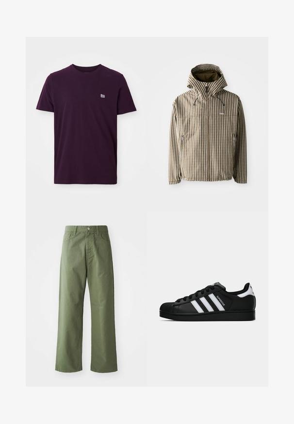 Rjava in krem karirasta jopica s kapuco, z celotnim zadrgo, stranskimi žepi in elastičnimi manšetami, izdelana iz lahkega, vodoodpornega materiala.; Temno vijolična bombažna majica s kratkimi rokavi, okroglo izrezana in z malim belim logotipom na levem prsnem delu. Mehak, gladek videz.; Olive zelene široke hlače iz bombaža. Imajo zanke za pas, sprednje zapiranje na gumb in stranske žepke. Gladka tekstura.; Črne superge Adidas Superstar z belimi črtami, zaščitnim pokrovom na prstih in napisom "Superstar" na strani, prikazane v bočnem profilu na beli podlagi.