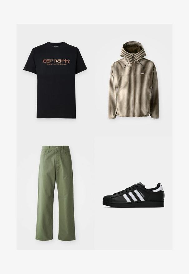 Hnědo-krémový kostkovaný kabát s kapucí, plným zipem, bočními kapsami a elastickými manžetami, vyrobený z lehkého, voděodolného materiálu.; Černé bavlněné tričko s krátkými rukávy a kulatým výstřihem. Na přední straně se nachází kovově červený a zlatý text: "carhartt. WORK IN PROGRESS."; Olivově zelené široké kalhoty z bavlny. Mají poutka na opasek, přední zapínání na knoflík a boční kapsy. Hladká textura.; Černé tenisky Adidas Superstar se bílými pruhy, špičkou ve tvaru skořápky a textem "Superstar" na boku, zobrazené v bočním profilu na bílém pozadí.