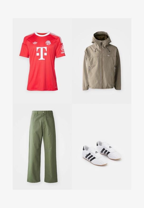 Veste à capuche à carreaux marron et crème avec fermeture éclair intégrale, poches latérales et poignets élastiques, fabriquée en matériau léger et imperméable.; adidas Performance FC BAYERN 2025/2026 THIRD GOALKEEPER JERSEY - Article de supporter d'équipe de club - pure ruby; Pantalons larges vert olive en coton. Dispose de passants de ceinture, d'une fermeture à bouton sur le devant et de poches latérales. Texture lisse.; Chaussures de sport blanches avec des rayures noires, présentant une texture semblable à du daim, un orteil arrondi et une sangle en Velcro. Semelle en caoutchouc pour l'adhérence.