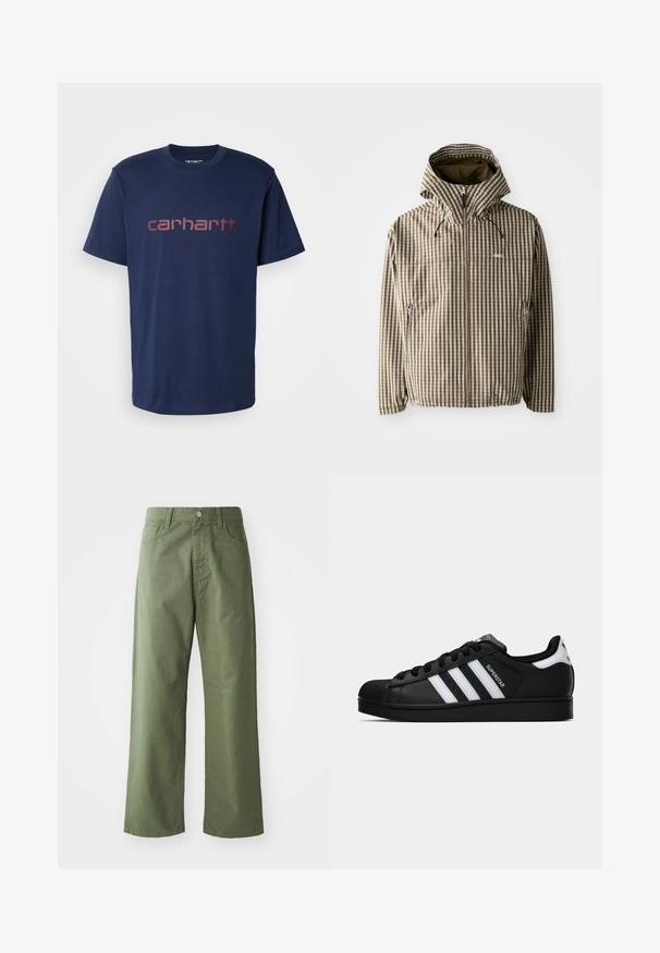 Rudas ir kremas langeliais marginta striukė su gobtuvu, užsegama užtrauktuku, su šoninėmis kišenėmis ir elastinėmis rankovėmis, pagaminta iš lengvos, vandeniui atsparios medžiagos.; Carhartt WIP SCRIPT - Marškinėliai su spaudiniu - air force blue/malbec; Alkūnė žalios spalvos plačios kelnės, pagamintos iš medvilnės. Turi diržo kilpas, priekinį mygtuką ir šonines kišenes. Lygus paviršius.; Juodos „Adidas Superstar“ sportbačiai su baltais dryžiais, šonine kriaukle ir „Superstar“ tekstu šone, rodomi šoniniame profilyje ant balto fono.