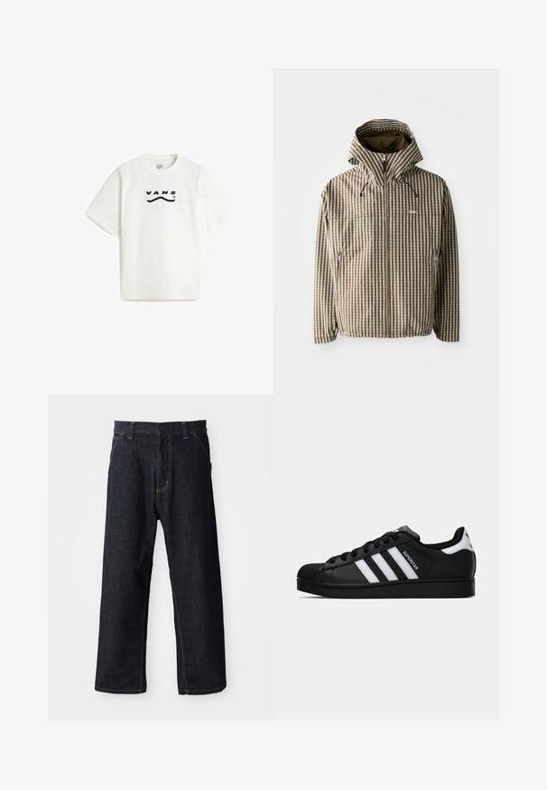 Brun og creme ternet hættejakke med fuld lynlås, sidelommer og elastiske manchetter, fremstillet af letvægts, vandtæt materiale.; Vans DETERMINED - T-shirts print - white; Mørkeblå denim bukser med lige ben-design, der har gule syninger, forlommer og knaplukning i taljen.; Sort Adidas Superstar sneaker med hvide striber, skaletå og "Superstar"-tekst på siden, vist i sideprofil på hvid baggrund.