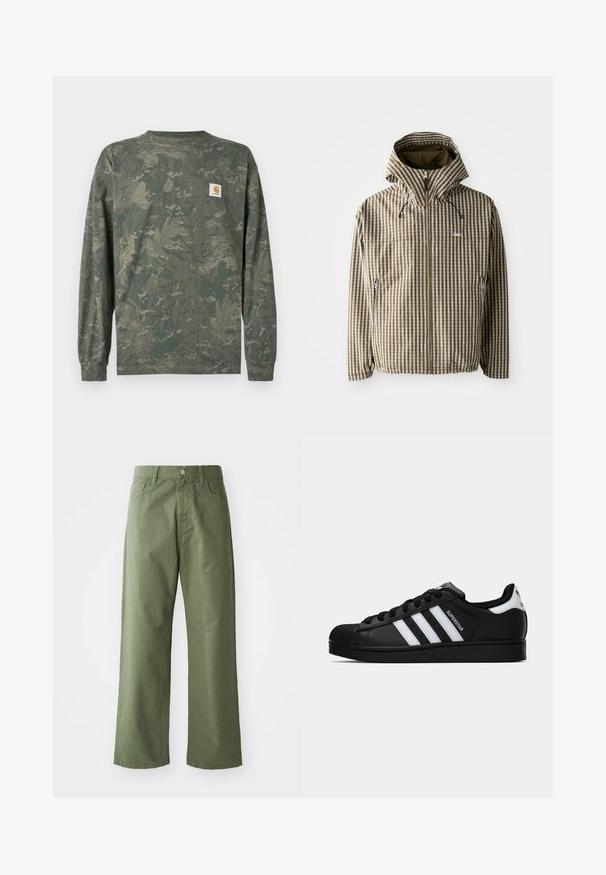 Brun og kremrutete hettejakke med full glidelås, sidelommer og elastiske mansjetter, laget av lett, vanntett materiale.; Langermet skjorte med kamuflasjemønster i grønne og brune toner, med en liten firkantet Carhartt-logo på venstre bryst.; Olivenfargede vide bukser laget av bomull. Har beltehemper, en front knappelukking, og sidelommer. Glatt tekstur.; Svart Adidas Superstar sneakers med hvite striper, skalltå og "Superstar" tekst på siden, vist i sideprofil på hvit bakgrunn.