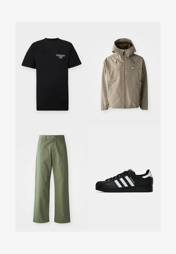 Casaco capuz com padrão quadriculado castanho e creme, com fecho de correr completo, bolsos laterais e punhos elásticos, confeccionado em material leve e impermeável.; T-shirt preta de algodão com mangas curtas e decote redondo, apresentando um logótipo impresso branco no lado esquerdo do peito. Textura suave, ajuste padrão.; Calças largas de cor verde-oliva feitas de algodão. Apresentam passantes para cinto, fechamento frontal com botão e bolsos laterais. Textura suave.; Sapatilha Adidas Superstar preta com riscas brancas, biqueira em concha e texto "Superstar" na lateral, apresentada em perfil lateral sobre fundo branco.