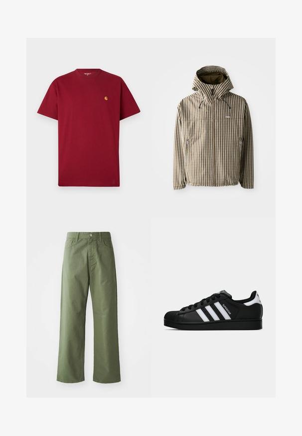 Hnědo-krémový kostkovaný kabát s kapucí, plným zipem, bočními kapsami a elastickými manžetami, vyrobený z lehkého, voděodolného materiálu.; Červené bavlněné tričko s kulatým výstřihem, krátkými rukávy a malým zlatým logem na levé straně hrudi. Měkká textura a rovný střih.; Olivově zelené široké kalhoty z bavlny. Mají poutka na opasek, přední zapínání na knoflík a boční kapsy. Hladká textura.; Černé tenisky Adidas Superstar se bílými pruhy, špičkou ve tvaru skořápky a textem "Superstar" na boku, zobrazené v bočním profilu na bílém pozadí.