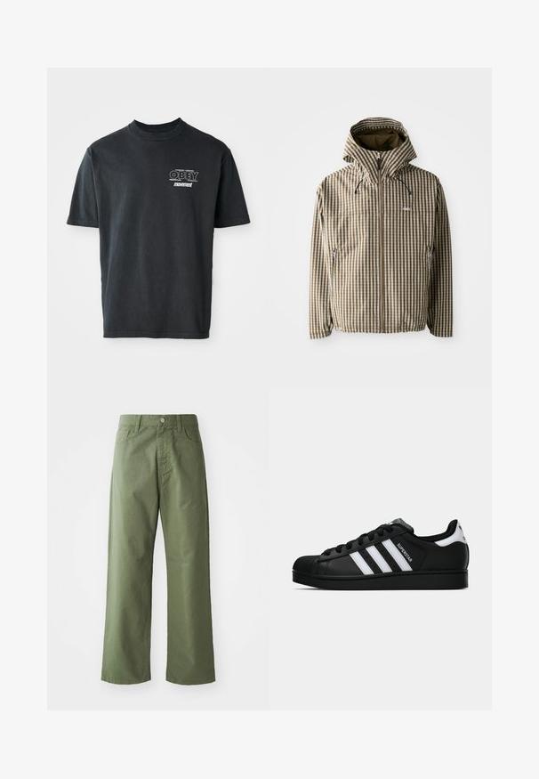 Rudas ir kremas langeliais marginta striukė su gobtuvu, užsegama užtrauktuku, su šoninėmis kišenėmis ir elastinėmis rankovėmis, pagaminta iš lengvos, vandeniui atsparios medžiagos.; Juoda medvilninė marškinė su trumpomis rankovėmis, apvaliu iškirpimu ir balta grafine užrašu "OBEY" ir "movement" ant krūtinės.; Alkūnė žalios spalvos plačios kelnės, pagamintos iš medvilnės. Turi diržo kilpas, priekinį mygtuką ir šonines kišenes. Lygus paviršius.; Juodos „Adidas Superstar“ sportbačiai su baltais dryžiais, šonine kriaukle ir „Superstar“ tekstu šone, rodomi šoniniame profilyje ant balto fono.