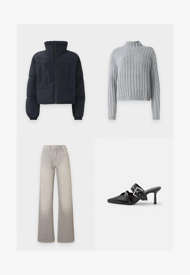 Black cropped puffer jacket with high collar, front zipper, elastic cuffs, and quilted large embossed letters "FLU" on the chest.; Light gray chunky knit sweater with ribbed pattern, mock neck, long sleeves, and a slightly cropped fit.; White long-sleeve button-up shirt in a smooth cotton blend. Features a classic collar, front button closure, and rounded cuffs.; Gray wide-leg jeans with a faded finish, button closure, five-pocket design, and stitched detailing along the seams.; Black high-heeled mules with a pointed toe, made of smooth leather. Features a wide ankle strap with a square silver buckle and studs.