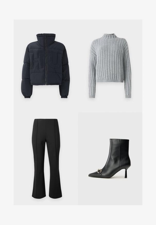 Chaqueta de plumas corta negra con cuello alto, cierre frontal, puños elásticos y letras grandes en relieve "FLU" acolchadas en el pecho.; Suéter grueso de punto en gris claro con patrón de canalé, cuello tipo alto, mangas largas y un corte ligeramente corto.; Camisa blanca de manga larga con botones, hecha de una suave mezcla de algodón. Cuenta con un cuello clásico, cierre frontal con botones y puños redondeados.; Pantalones de campana negros hechos de una tela elástica, con una textura lisa, dos costuras frontales y un diseño ajustado sin bolsillos.; Botín negro de cuero hasta el tobillo con punta afilada, tacón delgado de altura media y detalle de hebilla plateada en el lateral, sobre un fondo liso.