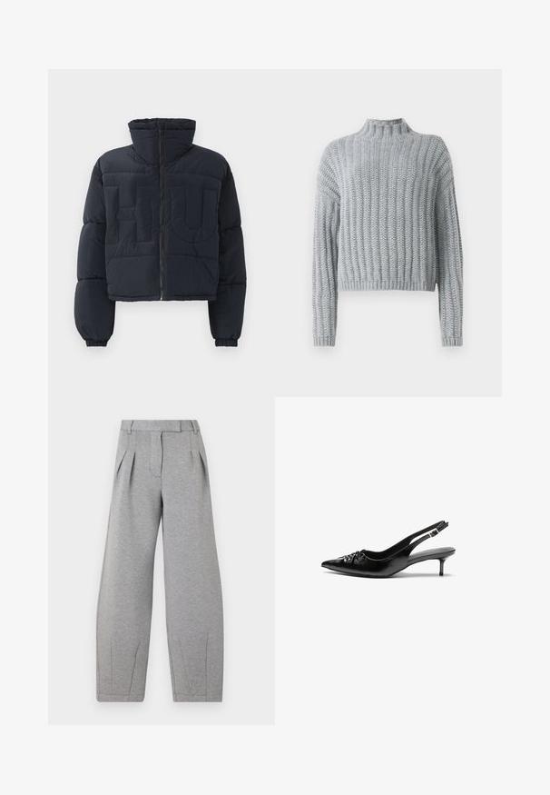 Black cropped puffer jacket with high collar, front zipper, elastic cuffs, and quilted large embossed letters "FLU" on the chest.; Light gray chunky knit sweater with ribbed pattern, mock neck, long sleeves, and a slightly cropped fit.; White long-sleeve button-up shirt in a smooth cotton blend. Features a classic collar, front button closure, and rounded cuffs.; Gray, wide-leg trousers made of soft fabric, featuring pleats at the front, a flat waistband, and straight seams along the legs.; Black leather slingback heels with a pointed toe, small kitten heel, and a decorative knot detail on the front. Smooth texture throughout.