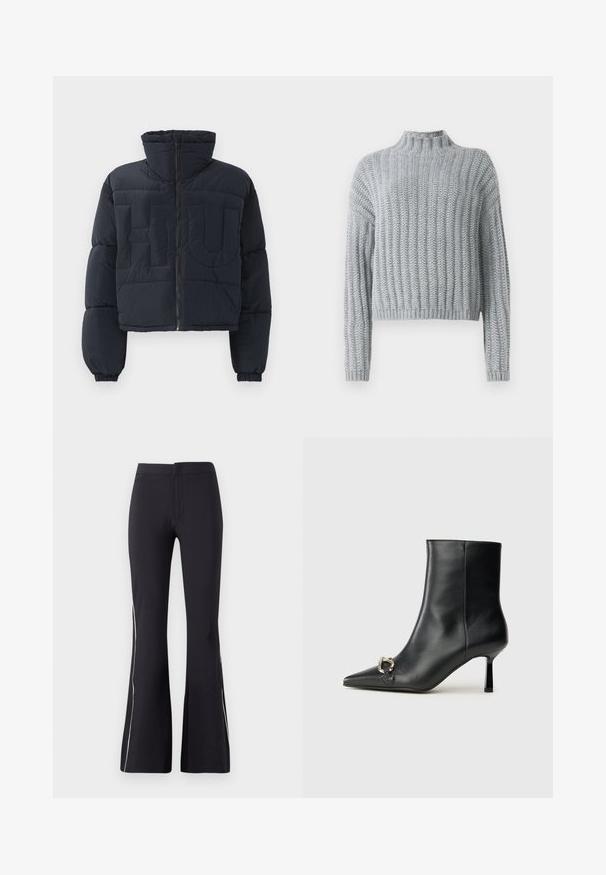 Geacă puffer scurtă, neagră, cu guler înalt, fermoar pe față, mansete elastice și litere mari, embosate, "FLU" pe piept.; Pulover texturat în nuanță de gri deschis, cu model în pliuri, guler la baza gâtului, mâneci lungi și o croială puțin mai scurtă.; Cămașă albă cu mânecă lungă, cu nasturi, confecționată dintr-un amestec de bumbac fin. Include o guler clasic, închidere frontală cu nasturi și manșete rotunjite.; Pantaloni negri evazați, dintr-un material elastic. Au o textură netedă și o dantelă laterală albă contrastantă. Design simplu cu talie elastică.; Botine negre din piele, cu vârf ascuțit, toc subțire de înălțime medie și detaliu cu cataramă argintie pe lateral, pe un fundal simplu.