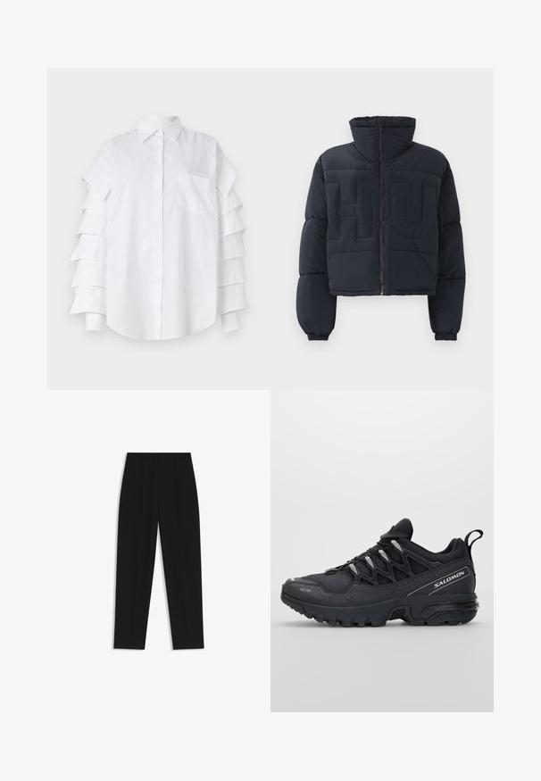 Schwarze, kürzere Puffjacke mit hohem Kragen, Frontreißverschluss, elastischen Bündchen und großen geprägten Buchstaben "FLU" auf der Brust.; Helles graues, grob gestricktes Sweatshirt mit Rippmuster, Stehkragen, langen Ärmeln und einem leicht verkürzten Schnitt.; Weißes Hemd mit Kragen, das überlagerten Rüschenschlaufen, einer Brusttasche und durchknöpfbarem Vorderteil verfügt; aus leichtem Baumwollmaterial gefertigt.; Schwarze Hose mit geradem Schnitt, doppelten Falten, einer glatten Textur und einem klassischen Bunddesign. Keine sichtbaren Beschläge oder Akzente.; Schwarze Sportschuhe mit einem Obermaterial aus Mesh, Gummisohle und reflektierenden Akzenten. Verfügt über eine gepolsterte Sohle und ein Schnürverschlussdesign.