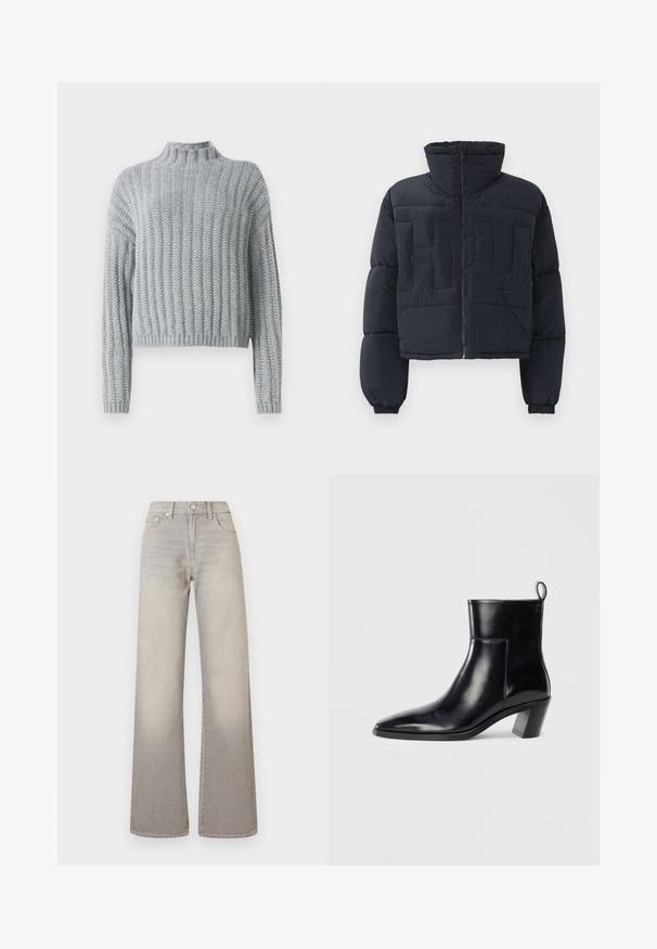 Mustade lühikesed pustjakad kõrge krae, ees lukk, elastsed varrukad ja tikitud suured reljeefsed tähed "FLU" rinnal.; Heled hallid kootud sviiter, millel on soonikustruktuur, noku kaelus, pikad varrukad ja veidi lühike lõige.; Valge pikka varrukat nuppude jaotuse särk, mis on valmistatud siledast puuvillasegust. Omab klassikalist krae, ees nuppude sulgemist ja ümarate mansettidega.; Hallide lai püksid hallis toonis, kahvatu viimistlusega, nööbiga kinnitamine, viie tasku disain ja õmbluste äärtes kaunistus.; Must musta saapad terava nina, geomeetrilise kuuega ja tagaküljel tõmberaudaga. Sile tekstuur ja läikiv disain.