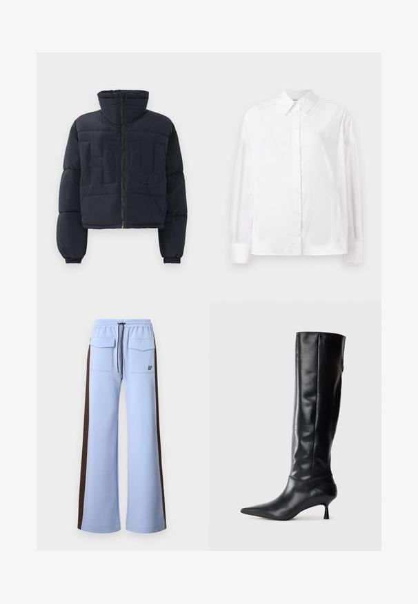 Casaco puff preto cortado com gola alta, fecho frontal, punhos elásticos e letras grandes embutidas em matelassê "FLU" no peito.; Camisa branca de mangas longas com botões, em um suave misto de algodão. Apresenta um colarinho clássico, fechamento frontal com botões e punhos arredondados.; Calças de fato de treino azul claro com cintura elástica e cordão, amplos painéis laterais castanhos e dois bolsos frontais. Apresenta um logótipo na coxa esquerda.; Bota preta de couro até ao joelho com bico fino e salto curvado e esguio. Textura suave, design ajustado e sem elementos metálicos ou padrões visíveis.