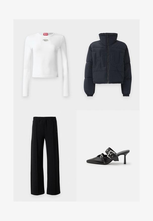 Black cropped puffer jacket with high collar, front zipper, elastic cuffs, and quilted large embossed letters "FLU" on the chest.; White long-sleeve T-shirt made of smooth fabric, featuring a round neckline and a silver logo detail at the center chest.; Black straight-leg pants with elastic waistband and subtle textured pattern throughout the fabric on a white background.; Black high-heeled mules with a pointed toe, made of smooth leather. Features a wide ankle strap with a square silver buckle and studs.