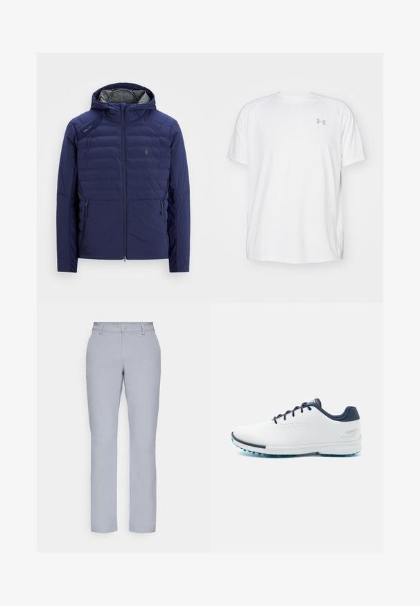 Jachetă matlasată de culoare albastru marin cu glugă, fermoar frontal, buzunare laterale cu fermoar, patch RLX pe umăr și logo brodat pe piept.; Camică sport cu mânecă scurtă, de culoare albă, fabricată dintr-un material neted. Dispune de un guler tip crew și un logo gri pe pieptul stâng, cu slituri laterale la tiv.; Pantaloni gri deschis cu o croială dreaptă, închidere cu nasture, buzunare frontale și un material neted, texturat. Design minimalist, fără modele.; Pantofi sport albi cu un uppersintetic neted, accente albastre, toc texturat în nuanță de marine și o talpă ușoară cu țepii pentru aderență.