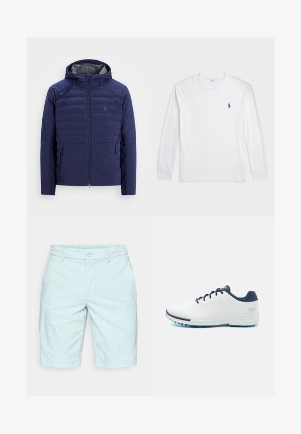 Tengerészkék steppelt dzseki kapucnival, elöl cipzárral, cipzáras oldalzsebekkel, RLX jelvénnyel a vállon és hímzett logóval a mellkason.; Fehér, hosszú ujjú póló, pamutból készült. Kerek nyakkivágással, bordás mandzsettákkal és egy kis sötétkék polo logóval a bal mellen.; Világoskék rövidnadrág puha anyagból, gombos záródással, övakasztókkal és egyenes szabással. Elöl zsebek nem láthatók.; Fehér sportcipők sima szintetikus felsőrésszel, kék díszítéssel, texturált sötétkék sarokkal és könnyű, tüskés talppal a tapadás érdekében.