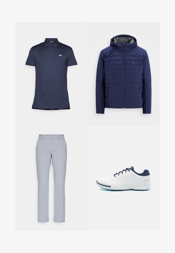 Tamsiai mėlyna siuvinėta striukė su gobtuvu, priekiniu užtrauktuku, užtraukiamomis šoninėmis kišenėmis, RLX užtrauktuku ant peties ir siuvinėtu logotipu ant krūtinės.; Tamsiai mėlynas polo marškinėliai, pagaminti iš lygaus audinio, su sagčių apykakle ir mažuoju baltu logotipu ant kairiojo krūtinės. Trumpomis rankovėmis.; Šviesiai pilkos kelnes su tiesiu kirpimu, mygtuko uždarymu, priekinėmis kišenėmis ir lygia, tekstūruota medžiaga. Minimalistinis dizainas, be raštų.; Balti sportiniai bateliai su lygiu sintetinės medžiagos paviršiumi, mėlynais akcentais, tekstūruotu tamsiai mėlynu kulnu ir lengvu, adatiniu padu geresniam sukibimui.