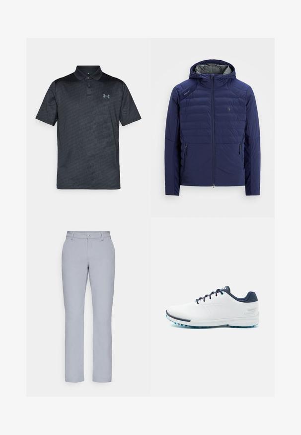 Veste en quilted bleu marine avec capuche, fermeture éclair à l'avant, poches latérales zippées, patch RLX sur l'épaule et logo brodé sur la poitrine.; Polo shirt gris foncé en tissu lisse, avec un motif géométrique subtil, un col et un logo bleu sur la poitrine gauche.; Pantalon gris clair à coupe droite, fermeture à bouton, poches avant et tissu lisse et texturé. Design minimaliste, sans motifs.; Baskets blanches avec une tige synthétique lisse, des accents bleus, un talon en marine texturé et une semelle légère avec des crampons pour une meilleure adhérence.