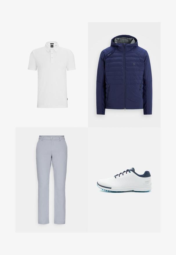 Námornícky modrá prešívaná bunda s kapucňou, predným zipsom, bočnými vreckami so zipsom, nášivkou RLX na pleci a vyšitým logom na hrudi.; Biele polo tričko vyrobené z bavlny, s golierom, tromi gombíkmi, krátkymi rukávmi a diskrétnym logom značky.; Svetlošedé nohavice s rovnými nohavicami, zapínaním na gombík, prednými vreckami a hladkým, štruktúrovaným materiálom. Minimalistický dizajn, bez vzorov.; Biele atletické topánky s hladkým syntetickým vrchom, modrými akcentmi, texturovaným námorníckym opätkom a ľahkou, hrotovanou podrážkou pre trakciu.
