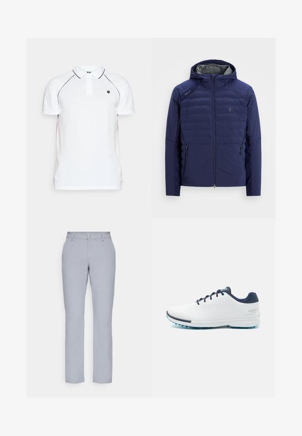 Námornícky modrá prošívaná bunda s kapucí, přední zip, zipové boční kapsy, nášivka RLX na rameni a vyšívané logo na hrudi.; Bílá polo tričko s černými detaily, krátkými rukávy, límečkem a malým logem na hrudi. Vyrobeno z texturované látky.; Světle šedé kalhoty s rovným střihem, zapínáním na knoflík, předními kapsami a hladkým, texturovaným materiálem. Minimalistický design, bez vzorů.; Bílé sportovní boty s hladkým syntetickým svrškem, modrými akcenty, texturovanou tmavě modrou patou a lehkou, hřebenovou podešví pro lepší přilnavost.