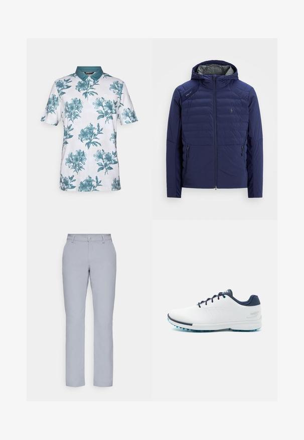 Tummansininen tikattu takki hupulla, etuvetoketjulla, vetoketjulliset sivutaskut, RLX-patch olkapäällä ja brodeerattu logo rinnassa.; Lyhythihainen poolopaita, joka on valmistettu valkoisesta kankaasta, jossa on turkoosi kukkakuvio. Paidassa on turkoosi kaulus ja kolme nappia.; Harmaat suorat housut, nappikiinnitys, etutaskut ja sileä, teksturoitu kangas. Minimalistinen muotoilu, ilman kuvioita.; Valkoiset urheilukengät sileällä synteettisellä päällisellä, siniset yksityiskohdat, teksturoitu tummansininen kantapää ja kevyet, piikkiset pohjat pidon lisäämiseksi.