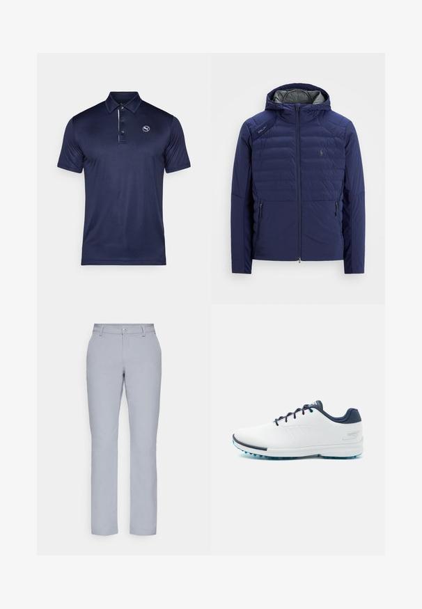 Granatowa pikowana kurtka z kapturem, zamek z przodu, kieszenie boczne na zamek, naszywka RLX na ramieniu oraz haftowane logo na piersi.; Granatowa koszulka polo wykonana z gładkiego, przewiewnego materiału, z trzema guzikami na plastrze i logo na lewej piersi. Krótkie rękawy.; Jasnoszare spodnie o prostym kroju, z zapięciem na guziki, kieszeniami z przodu oraz gładką, teksturowaną tkaniną. Minimalistyczny design, bez wzorów.; Białe buty sportowe z gładką syntetyczną cholewką, niebieskimi akcentami, teksturowanym granatowym obcasem i lekką, kolczastą podeszwą zapewniającą przyczepność.