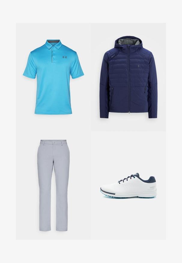 Tengerészkék steppelt dzseki kapucnival, elöl cipzárral, cipzáras oldalzsebekkel, RLX jelvénnyel a vállon és hímzett logóval a mellkason.; Kék pólóing, textúrált anyagból készült, gallérral, háromgombos záródással és egy kis fekete logóval a bal mellrészen.; Világosszürke nadrág egyenes szabással, gombos záródással, elülső zsebekkel és sima, texturált anyaggal. Minimalista dizájn, minta nélkül.; Fehér sportcipők sima szintetikus felsőrésszel, kék díszítéssel, texturált sötétkék sarokkal és könnyű, tüskés talppal a tapadás érdekében.
