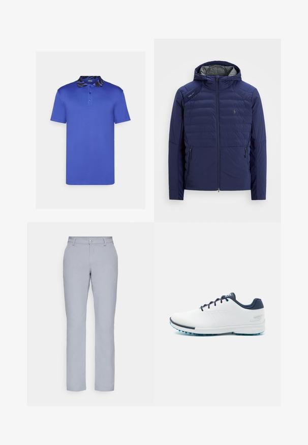 Ναυτικό μπλε καπιτονέ μπουφάν με κουκούλα, μπροστινό φερμουάρ, φερμουριαστές πλαϊνές τσέπες, ρέλι RLX στον ώμο και κεντητό λογότυπο στο στήθος.; Γαλάζιο polo μπλουζάκι με κοντά μανίκια, κολάρο με τρία κουμπιά και εσωτερικό κολάρο με σχέδιο σε μαύρο και γαλάζιο χρώμα. Απαλή υφή, κανονική εφαρμογή.; Ανοιχτό γκρι παντελόνι με ίσια γραμμή, κλείσιμο με κουμπί, μπροστινές τσέπες και απαλό, υφασμάτινο υλικό. Μινιμαλιστικός σχεδιασμός, χωρίς σχέδια.; Λευκά αθλητικά παπούτσια με λείο συνθετικό επάνω μέρος, μπλε λεπτομέρειες, υφασμάτινη ναυτική φτέρνα και ελαφρύ, επικαθισμένο πέλμα για πρόσφυση.