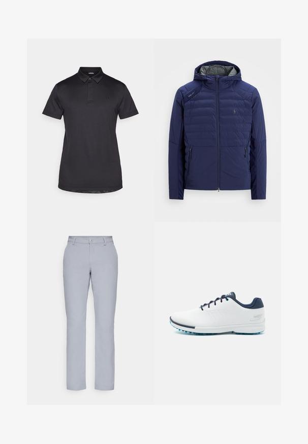 Jachetă matlasată de culoare albastru marin cu glugă, fermoar frontal, buzunare laterale cu fermoar, patch RLX pe umăr și logo brodat pe piept.; Tricou polo negru din țesătură netedă, cu o deschidere cu nasturi, mâneci scurte și un logo subtil pe piept.; Pantaloni gri deschis cu o croială dreaptă, închidere cu nasture, buzunare frontale și un material neted, texturat. Design minimalist, fără modele.; Pantofi sport albi cu un uppersintetic neted, accente albastre, toc texturat în nuanță de marine și o talpă ușoară cu țepii pentru aderență.