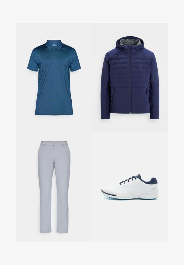 Tamsiai mėlyna siuvinėta striukė su gobtuvu, priekiniu užtrauktuku, užtraukiamomis šoninėmis kišenėmis, RLX užtrauktuku ant peties ir siuvinėtu logotipu ant krūtinės.; Tamsiai mėlynas polo marškinėliai su dviem mygtukais, trumpomis rankovėmis ir tekstūrine užuomazga kairėje pusėje. Pagaminti iš lygaus audinio.; Šviesiai pilkos kelnes su tiesiu kirpimu, mygtuko uždarymu, priekinėmis kišenėmis ir lygia, tekstūruota medžiaga. Minimalistinis dizainas, be raštų.; Balti sportiniai bateliai su lygiu sintetinės medžiagos paviršiumi, mėlynais akcentais, tekstūruotu tamsiai mėlynu kulnu ir lengvu, adatiniu padu geresniam sukibimui.