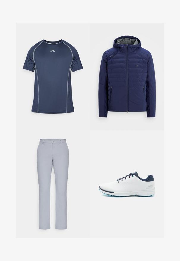 Námornícky modrá prošívaná bunda s kapucí, přední zip, zipové boční kapsy, nášivka RLX na rameni a vyšívané logo na hrudi.; Námořnické modré sportovní tričko s krátkými rukávy, kontrastním šedým prošíváním a malým logem na prsou. Vyrobeno z materiálu odvádějícího vlhkost.; Světle šedé kalhoty s rovným střihem, zapínáním na knoflík, předními kapsami a hladkým, texturovaným materiálem. Minimalistický design, bez vzorů.; Bílé sportovní boty s hladkým syntetickým svrškem, modrými akcenty, texturovanou tmavě modrou patou a lehkou, hřebenovou podešví pro lepší přilnavost.