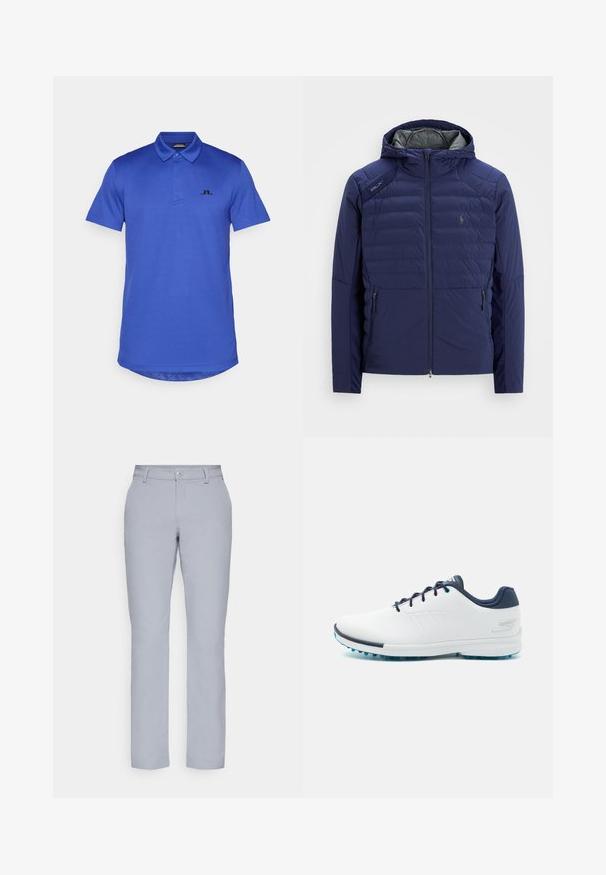 Tumesinise värvi pliseeritud jakk kapuutsiga, esine tõmblukk, tõmblukuga küljetaskud, RLX täpp õlal ning brodeeritud logo rinnal.; Sinine lühikeste varrukatega polo särk, valmistatud siledast kangast, musta logoga vasakul rinnal ja kergelt kaardus hemiga.; Heledad hallgrayd püksid, sirge lõikega, nööbiga sulgemine, esiosakud ja sile, tekstuuriga kangas. Minimalistlik disain, ilma mustriteta.; Valged spordijalanõud sileda sünteetilise ülemise osaga, siniste aksentidega, tekstureeritud tumesinise kontsaga ja kergest, narmastega tallaga hea haarduvuse tagamiseks.