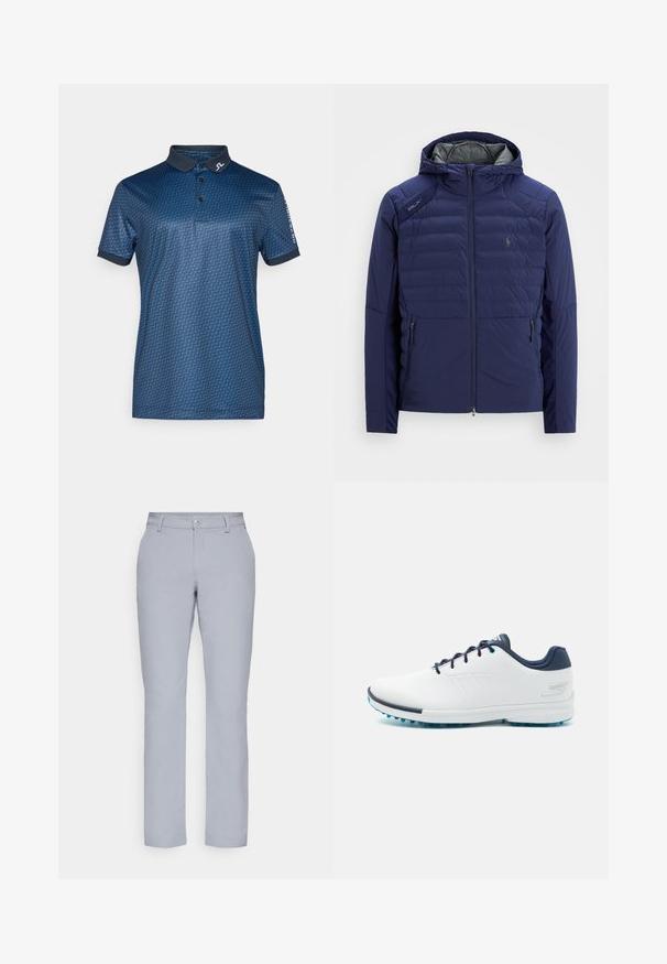 Tamsiai mėlyna siuvinėta striukė su gobtuvu, priekiniu užtrauktuku, užtraukiamomis šoninėmis kišenėmis, RLX užtrauktuku ant peties ir siuvinėtu logotipu ant krūtinės.; Tamsiai mėlynas polo marškinėliai su geometriniu raštu, trumpomis rankovėmis ir tamsiu apykaklė. Papuoštas logotipu ant apykaklės ir rankovės.; Šviesiai pilkos kelnes su tiesiu kirpimu, mygtuko uždarymu, priekinėmis kišenėmis ir lygia, tekstūruota medžiaga. Minimalistinis dizainas, be raštų.; Balti sportiniai bateliai su lygiu sintetinės medžiagos paviršiumi, mėlynais akcentais, tekstūruotu tamsiai mėlynu kulnu ir lengvu, adatiniu padu geresniam sukibimui.