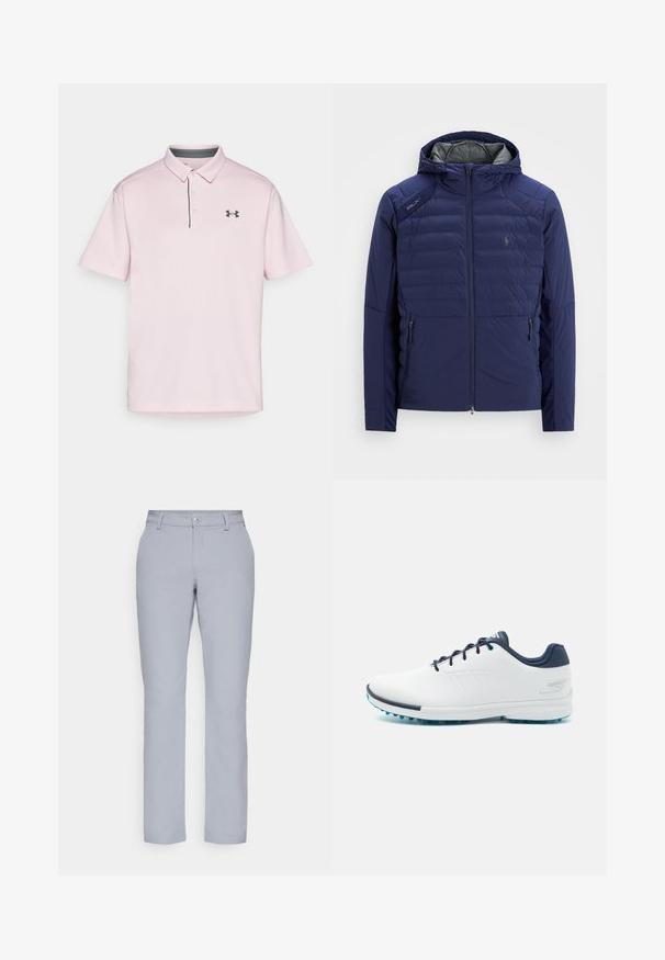 Giacca trapuntata blu navy con cappuccio, zip anteriore, tasche laterali con zip, patch RLX sulla spalla e logo ricamato sul petto.; Polo rosa realizzato in tessuto testurizzato, con colletto, due bottoni e un accento grigio scuro sul colletto e un logo nero sul petto.; Pantaloni grigi chiari con taglio dritto, chiusura a bottone, tasche frontali e un tessuto liscio e strutturato. Design minimalista, senza pattern.; Scarpe da ginnastica bianche con una parte superiore sintetica liscia, accenti blu, tallone blu navy texturizzato e una suola leggera con tacchetti per la trazione.