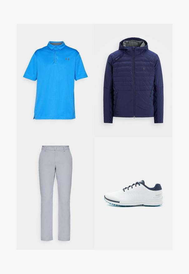 Chaqueta acolchada azul marino con capucha, cremallera frontal, bolsillos laterales con cremallera, parche RLX en el hombro y logotipo bordado en el pecho.; Camisa polo azul hecha de tejido texturizado, con cuello, mangas cortas y un sutil logotipo en el pecho. Aberturas laterales para mayor comodidad de movimiento.; Pantalones de color gris claro con corte recto, cierre de botón, bolsillos frontales y una tela lisa y texturizada. Diseño minimalista, sin patrones.; Zapatillas deportivas blancas con una parte superior sintética lisa, acentos en azul, talón texturizado azul marino y una suela ligera con clavos para mayor tracción.