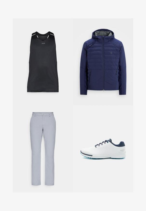 Mornarsko modra prešita jakna s kapuco, sprednjim zadrgo, žepoma z zadrgo na straneh, RLX oznako na rami in izvezenim logotipom na prsih.; Črn atletski brezrokavnik iz lahkotnega materiala, z okroglim izrezom, perforirano teksturo in toniranimi detajli na ramenih.; Svetlo sivi hlače ravnega kroja, s zapiranjem na gumb, sprednjimi žepi in gladkim, strukturiranim materialom. Minimalističen dizajn, brez vzorcev.; Bela športna obutev z gladkim sintetičnim zgornjim delom, modrimi akcenti, teksturiranim mornarsko modrim petnim delom in lahkim podplatom z bodicami za oprijem.