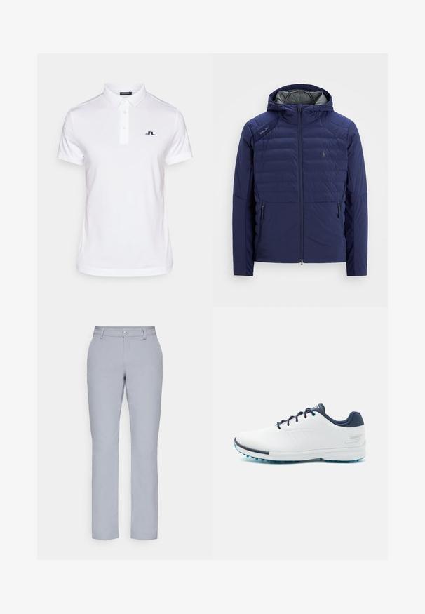 Tengerészkék steppelt dzseki kapucnival, elöl cipzárral, cipzáras oldalzsebekkel, RLX jelvénnyel a vállon és hímzett logóval a mellkason.; J.LINDEBERG Sports WINCE - Pólóing - white; Világosszürke nadrág egyenes szabással, gombos záródással, elülső zsebekkel és sima, texturált anyaggal. Minimalista dizájn, minta nélkül.; Fehér sportcipők sima szintetikus felsőrésszel, kék díszítéssel, texturált sötétkék sarokkal és könnyű, tüskés talppal a tapadás érdekében.
